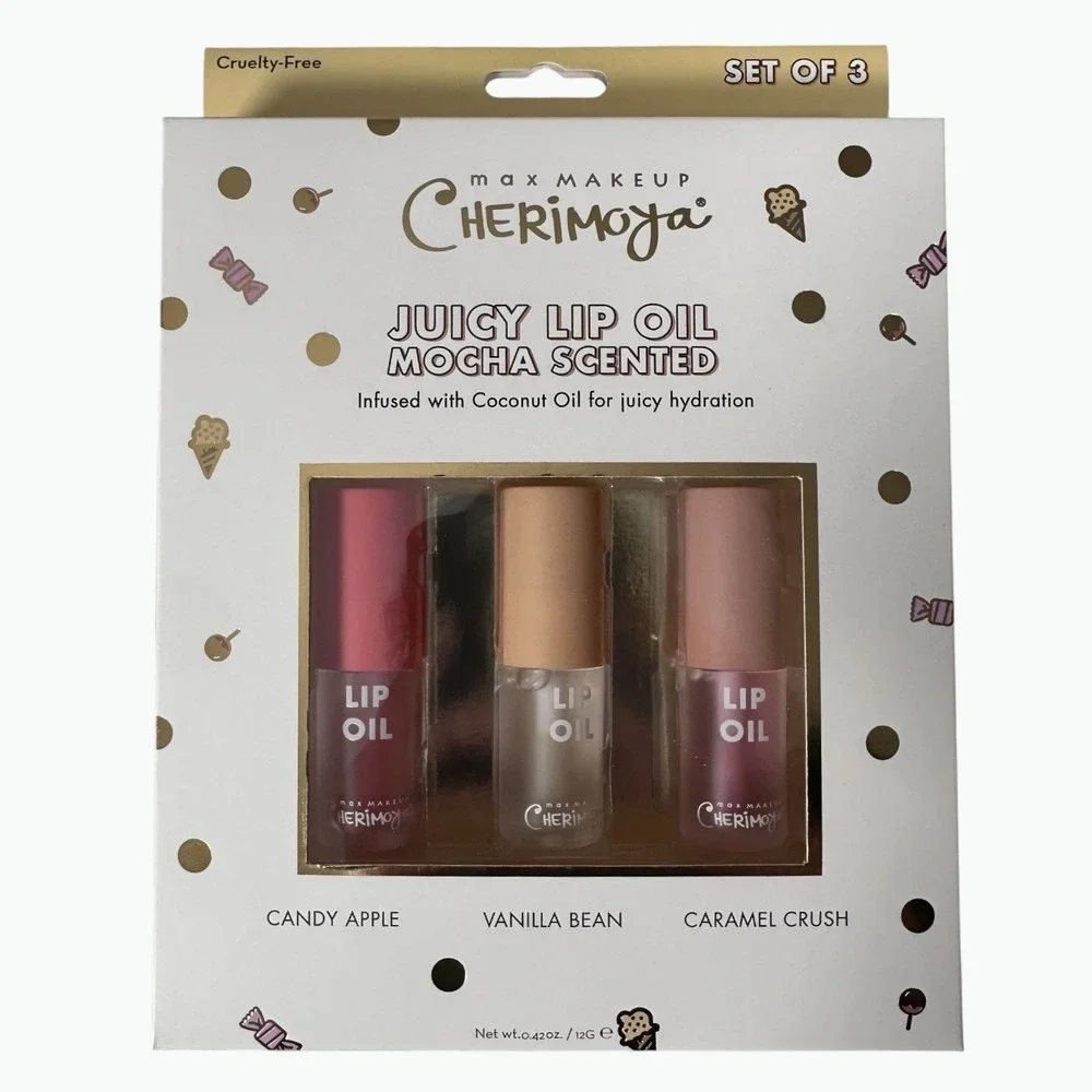 Max Makeup Cherimoya Set of 3 Lip Oil Candy Apple Vanilla, Caramel Scented New